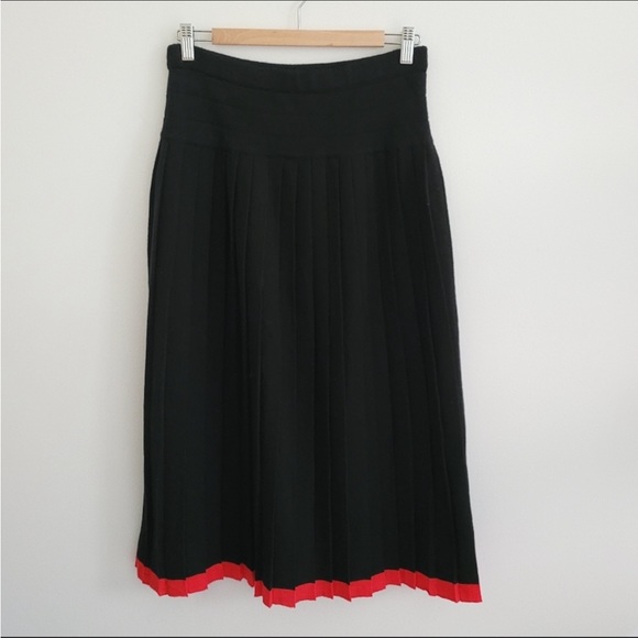 Vintage Black & Red Wool Pleated Midi Skirt - Picture 1 of 3